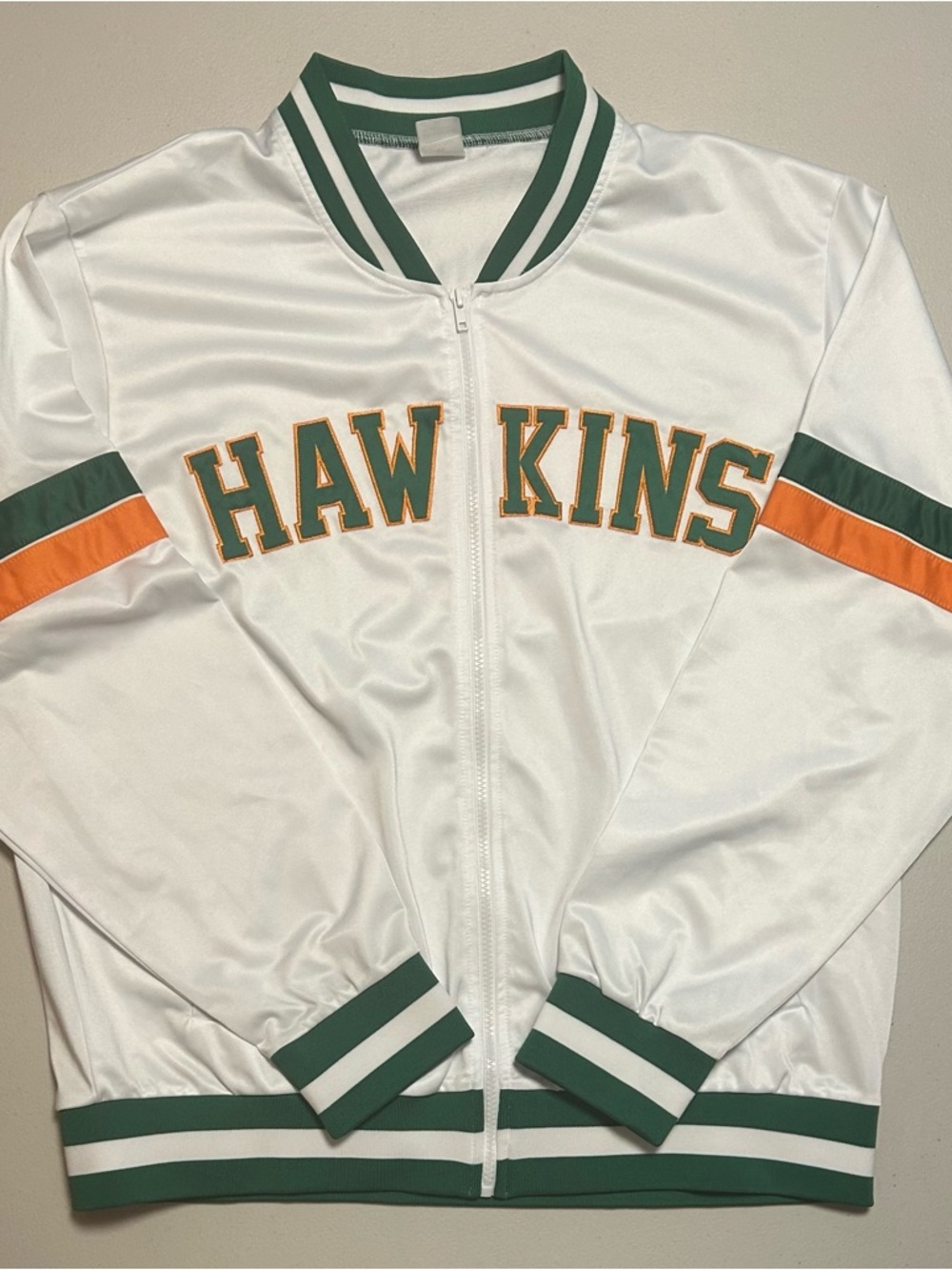 Netflix Stranger Things White HAWKINS Jacket with Green & Orange Accents